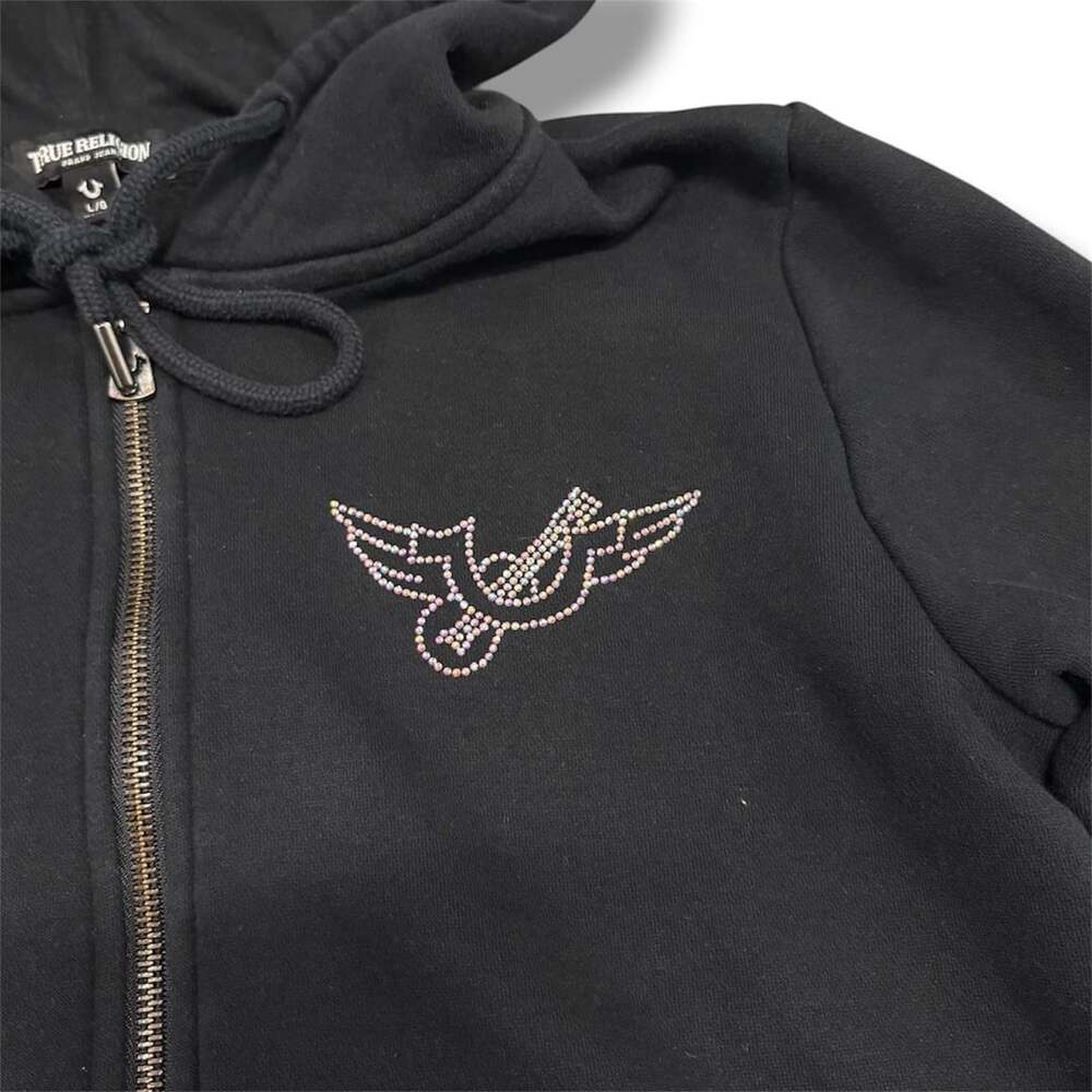 True Religion Crystal Zip Hoodie Size Large Black - Picture 2 of 5